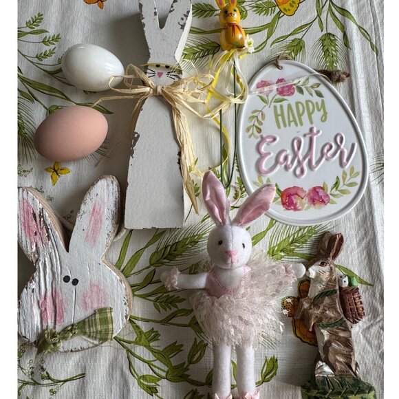 Bundle Of Easter-Themed Decorative Wooden Rabbits Happy Easter Sign Ceramic Eggs - Picture 1 of 9